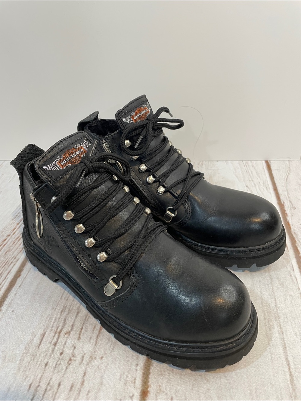 Vintage Harley-Davidson Black Leather Women’s 7 Lace-Up Ankle Boots Side Zippers